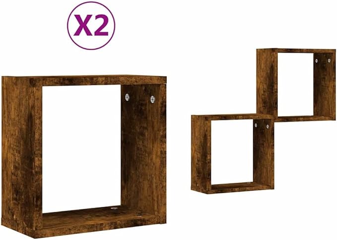 vidaXL Wall Cube Shelves Set of 2 Smoked Oak 11.8X5.9X11.8 in Indoor Storage for Living Room Office Minimalist Display Organization Shelf Floating Mounted Bookshelf Shelving