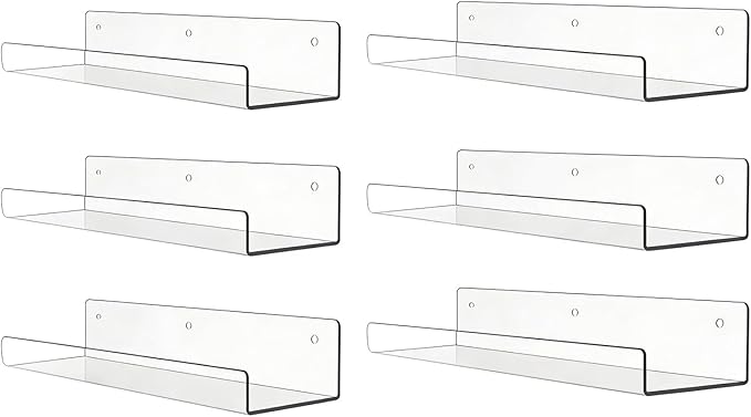 Acrylic Floating Shelves, 15.7 Inch Clear Wall Mounted Display Ledge, Invisible Bookshelf for Nursery, Makeup Organizer, Vinyl Records, 2-16 Pack (6)