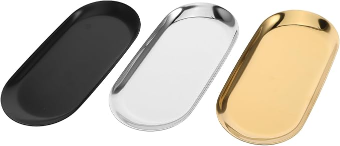 3pcs Stainless Steel Oval Jewelry Tray and Snack Storage Plate Set, 18cm Thickened Vanity Organizer for Makeup, Cosmetics, and Home Decor in Silver, Black, and Gold