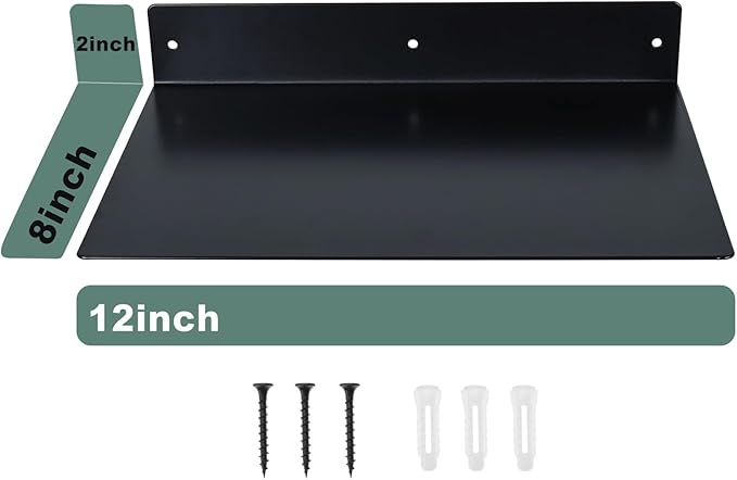 RealPlus Metal Floating Shelf Wall Mounted (12 inch x 8 inch) Heavy Duty Steel Display Shelves, Black (Pack of 2)
