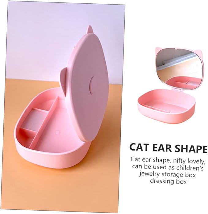 FOMIYES Cartoon Cat Ear Jewelry Storage Box with Mirror Cute DIY Dressing Case for Boys and Girls Portable Makeup Organizer for Necklaces Earrings and Rings
