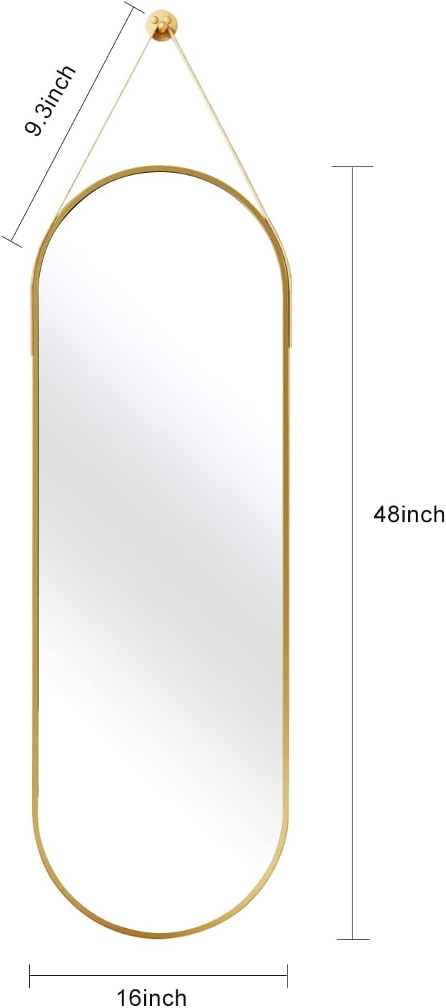 OGCAU 48'' x 16'' Full Length Mirror Wall-Mounted, Full Body Hanging Mirror for Wall and Door in Bedroom, Living Room, Oval with Straps, Hanging with Aluminum Alloy Frame (Oval Gold)