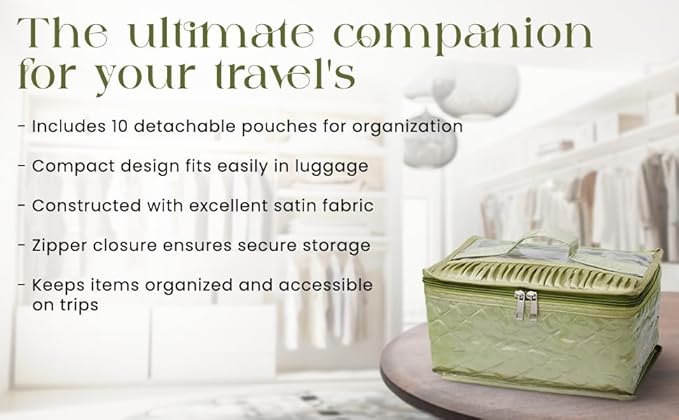 atorakushon Satin Makeup Kit Travel Jewelry Organizer Locker Box Pouches Clutch Bag for Necklaces Earrings Rings With 10 Pouch Bag Case Pista Green