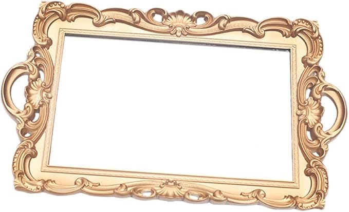 SAFIGLE Vintage European Mirror Tray Golden Storage Plate Cosmetic Makeup Organizer Elegant Household Vanity Display for Perfume Jewelry and Dessert