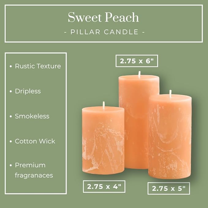 Peach Scented Light Orange Pillar Candles, Set of 3 (3x6 Inch), Long Lasting Aromatic Pillar Candles for Home Décor, Decorative Candle Gift for Men and Women