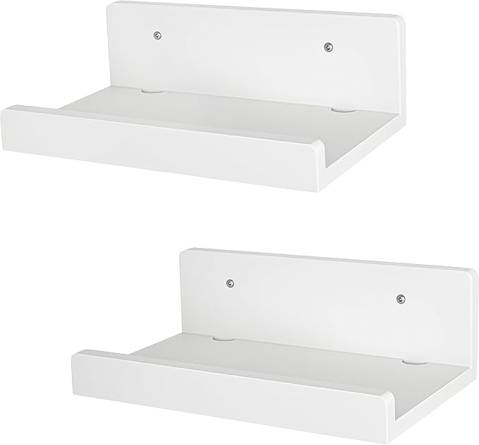 Floating Wall Shelves Set of 2, 12-Inch Solid Wood Shelves with Cable Holes, Small Display Shelf for Router, Webcam, Smart Speaker, Camera – White