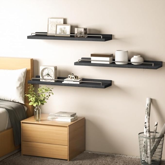 RYOFOBETTO 22 inches Long Floating Shelves, Bathroom Decor Shelves Over Toilet, Farmhouse Wall Shelves for Living Room, Bedroom, Picture Frames, Plants, Kitchen, Set of 3 (Black)