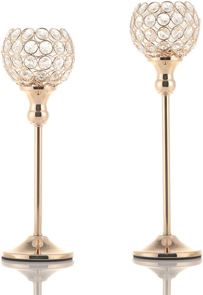 VINCIGANT Gold Crystal Candle Holders Set of 2,Pillar Candlesticks for Table Centerpieces, Valentine's Day Home Decor Wedding Party Housewarming Gift