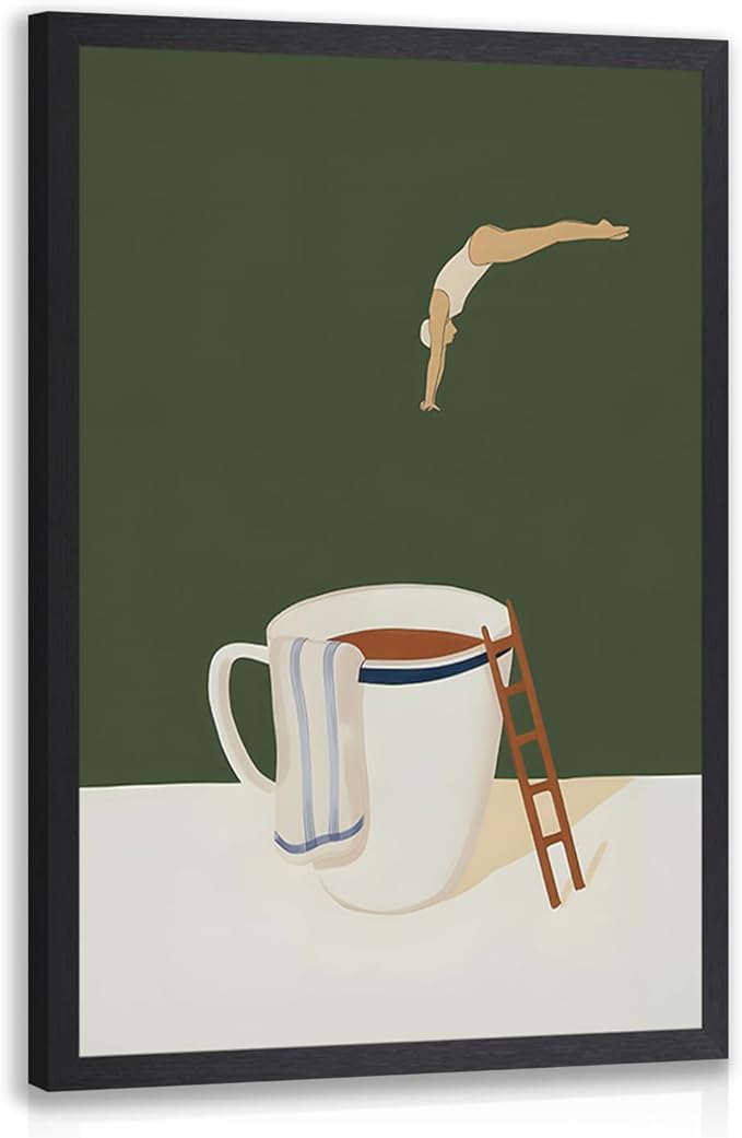 Cyebmo Modern Coffee Wall Art, Funny Diver Wall Decor, Vintage Kitchen Wall Decor, Minimalist Cafe Canvas Painting, Green Abstract Espresso Artwork for Kitchen Cafe Coffee Bar Wood Framed 12x16 Inch