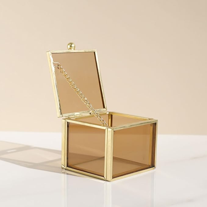Zerodeko Square Glass Trinket Box with Lid Cosmetic Organizer Home Storage for Necklaces and Accessories