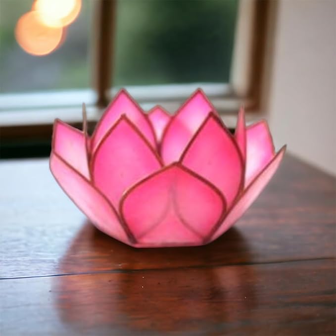 Om Gallery Capiz Shell Lotus Flower Decor Tealight Candle Holder for Serene Ambiance -Decorative Natural Shell Mini Candle Holders for Meditation, and Relaxation, Flamingo