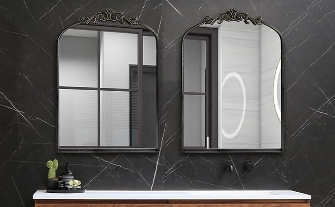 OUSHUAI Black Ornate Mirror for Wall, Traditional Vintage Ornate Baroque Mirrors,Victorian Antique Bronze Full Matel Frame,Arched Mirror for Entryway/Bathroom/Fireplace 24"X36"