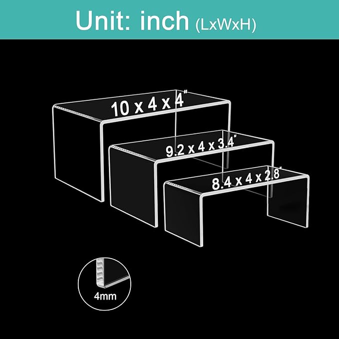 6PCS Acrylic Display Risers, 3 Sizes Clear Product Stand, Jewelry Display Riser Shelf Showcase Fixtures For Collectibles Display, Toy Figure Display