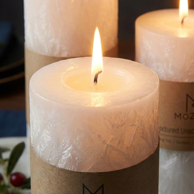 MOZEAL Hand-Poured, Unscented White Crystal Pillar Decorative Candles, Elegant Set of 3 in Different Sizes (3"x4", 3"x5", 3"x6"), Luxurious Décor for Christmas Homes & Events