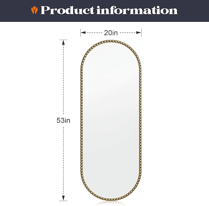 Champagne Bronze Bathroom Mirror with Beaded, 20"x53" Oval Full Length Mirror for Wall Decorated, Gold Vintage Beaded Mirrors with Brass Frame for Bedroom,Living Room,Hallway,Fireplace