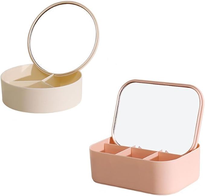Makeup Mirror Storage Box, Travel Makeup Bag with Mirror, Portable Desktop Organizer Vanity Case for Women Beauty Tools