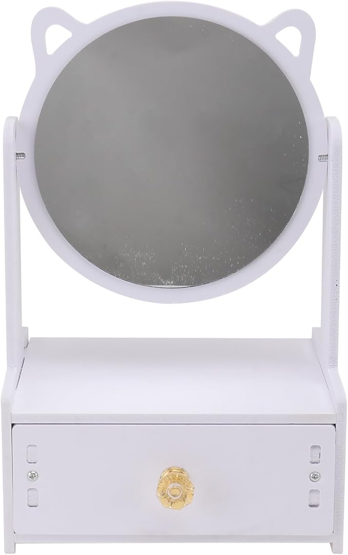 Desktop Cosmetic Mirror with Storage Drawer, Large Round Rotating Makeup Mirror for, Portable Vanity Organizer Box for Home and Bedroom Use