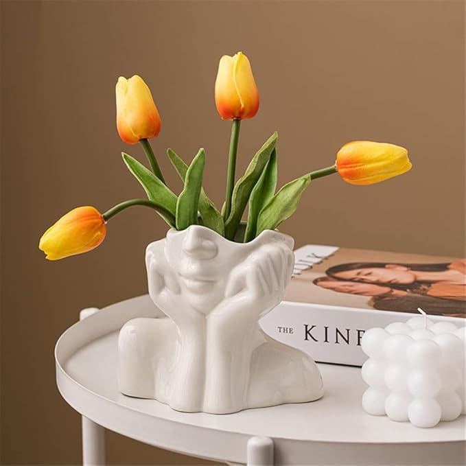 Face Vase – Small Human Body Art Vase in Resin,Women’s Head Shape for Flowers, Makeup Organizer & Desk Decor (White)