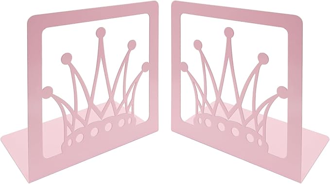 Pink Crown Bookends Metal Book Ends Decorative Bookends for Shelves,Princess Style Book Holder Journal Book Organizer CD Holder Office Bookends for Back to School Student Birthday Kids Girl Mom Gift