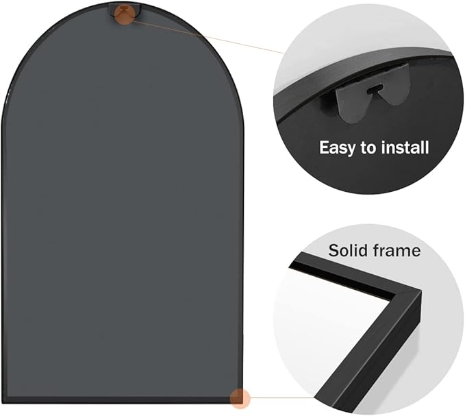 Arched Wall Mirror, Black Decorative Hanging Mirror, 36"x24" Vanity Mirror Brushed Aluminum Alloy Frame for Bathroom, Bedroom, Living Room, Entryway, Hang Vertical or Horizontal