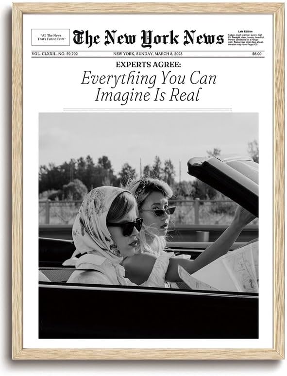Bwodke OAK Wood Framed Wall Art Everything You Can Imagine Is Real Canvas Art Vintage Newspaper Pictures Wall Decor Hot Girls Prints Trendy Artwork for Girly Dorm Bedroom 12"x16"