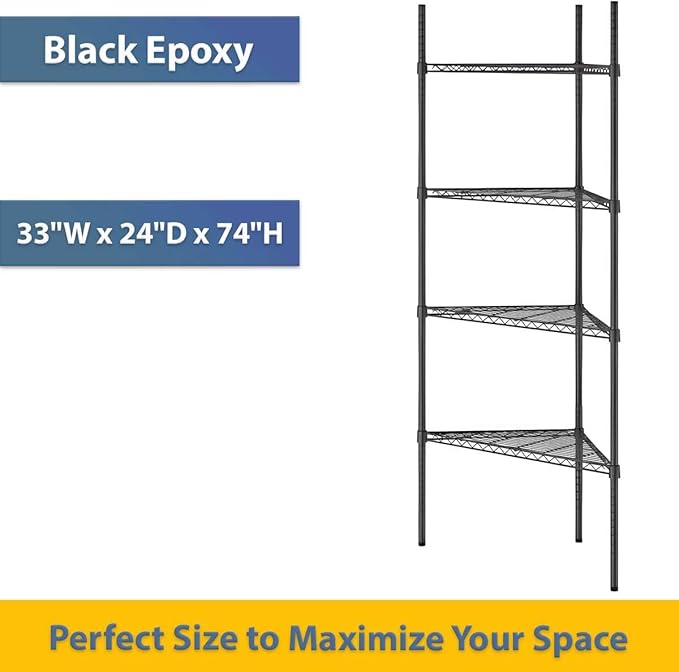 33" W x 24" D x 74" H NSF Black Triangle Heavy Duty Corner Shelving Kit, 4-Shelf Adjustable Wire Rack
