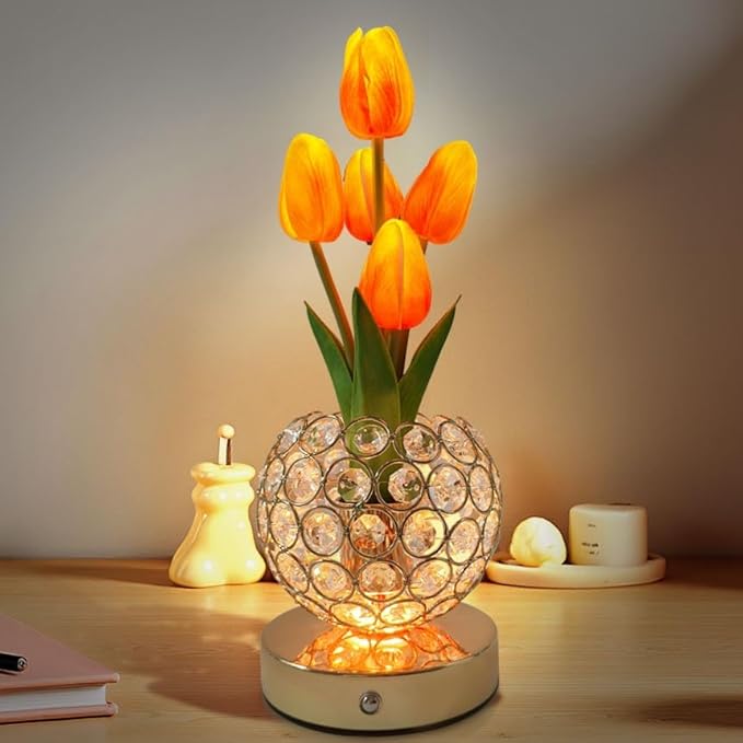Cordless Tulip Flower Lamps, 3 Colors Touch Stepless Dimming Crystal Night Light, Rechargeable Artificial LED Flower with Vase Lamp Romantic Decor for Mothers Day,Xmas,Birthday (OG)