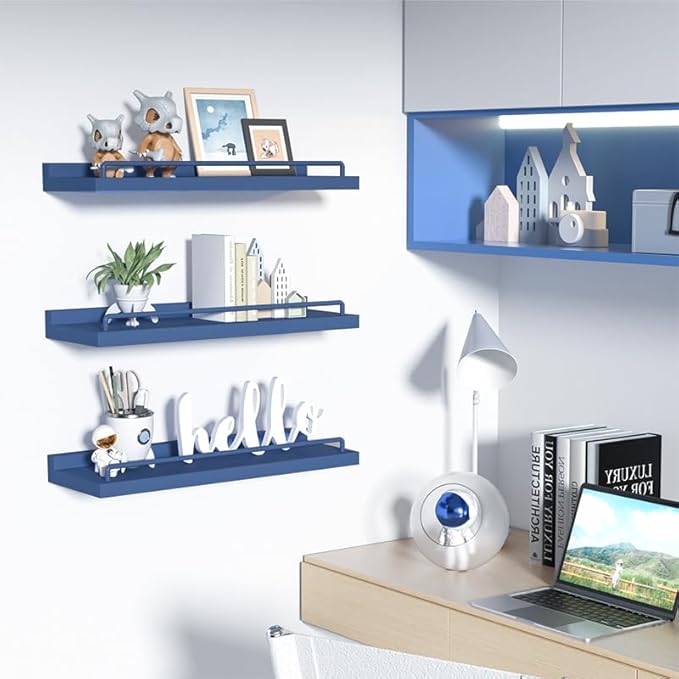 RYOFOBETTO Floating Shelves, Bathroom Decor Shelves Over Toilet, Farmhouse Wall Shelves for Living Room, Bedroom, Picture Frames, Plants, Kitchen, Set of 3 (Dark Blue)