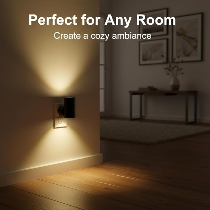 TSEXES 4 Pack LED Night Light Plug in, Dusk to Dawn Sensor,5-300LM Adjustable Brightness, Soft White 3000K,Dimmable Night Lights for Kitchen,Hallway Bedroom,Stairs