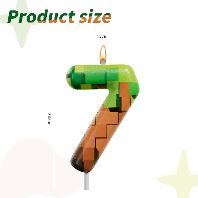 Pixel Miner Number Candle for Birthday Cake - 2.7 Inch Video Game Themed Party Decoration, Dynamite Style Cake Topper for Boys Girls Kids Anniversary Supplies(Retro Art, 7)