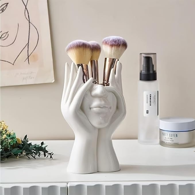 White Ceramic Vase Creative Human Body Art Design Multi Functional Office Desktop Organizer Pen Holder Makeup Brush Holder Home Decor Vase for Flowers Boho Ceramic Vases Stylish Decorative Accent (B)