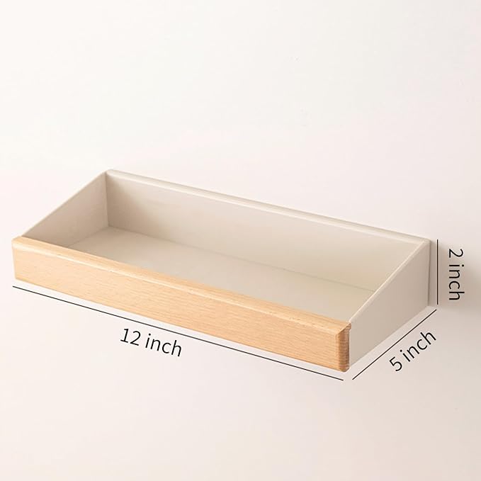 12 Inch Adhesive Floating Shelves for Wall, White Wall Shelves No Drill with 1 Inch Height Wooden Decor, Plastic Adhesive Shelves Shower Organizer for Living Room, Bedroom, Office and Kitchen