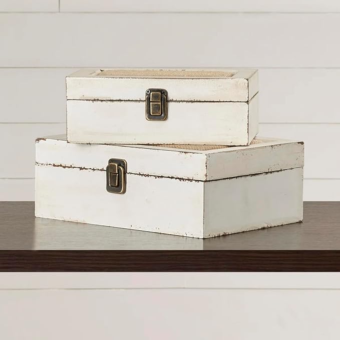 Rustic Ivory Decorative Storage Boxes with Lids Set of 2, Farmhouse Wooden Boxes for Home Decor, Keepsake Boxes Memory Gift Boxes for Living Room, Coffee Table, Entryway, Bedroom