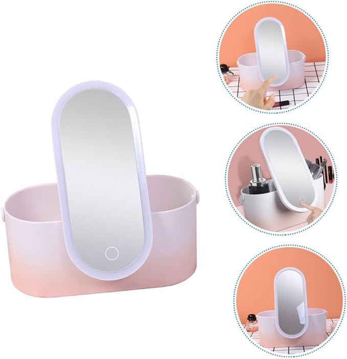 Housoutil Portable Makeup Organizer with Led Mirror Handheld Storage Box for Travel High Definition Rotating Makeup Mirror Sturdy Abs Material for Use