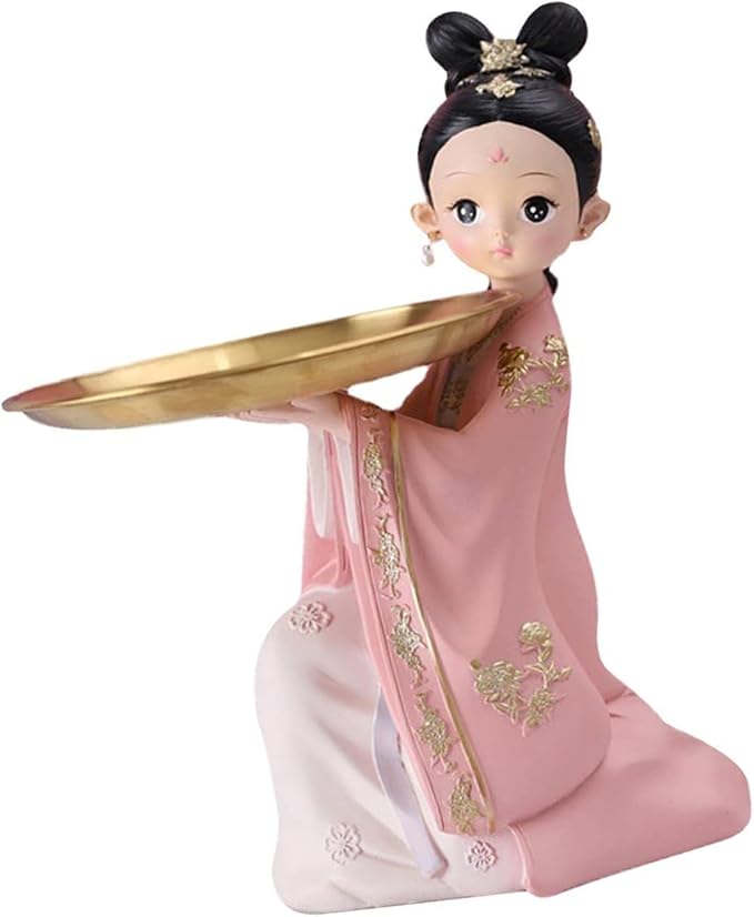 Girl Figurines Serving Tray Resin Girl Statue Jewelry Trinket Storage Tray Key Candy Snacks Makeup Organizer for Home Office Table Decoration - Pink