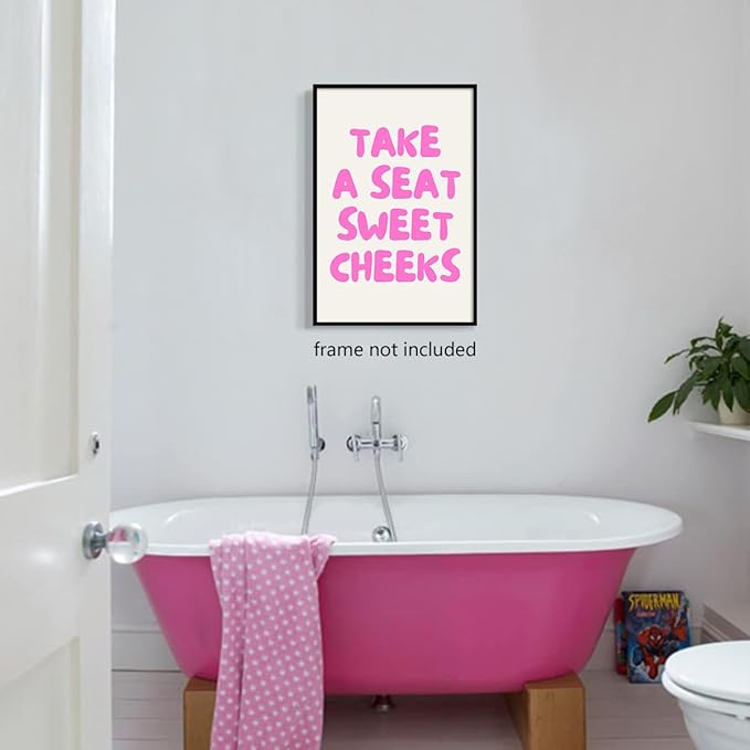 abrtolpffo Pink Take A Seat Sweet Cheeks Canvas Wall Art, Cute Quotes Aesthetic Poster for Room, Funny Bathroom Wall Decor, Trendy Girly Light Pink Restroom Picture Print 16x24in Unframed