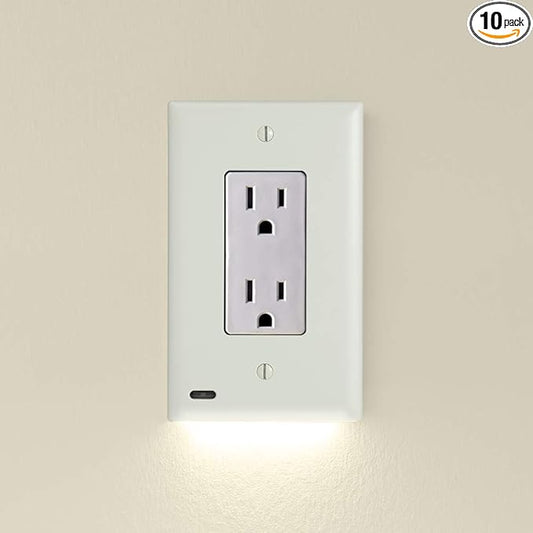 10 Pack - SnapPower GuideLight [for Standard Decor, Not GFCI outlets] - Night Light - Electrical Outlet Wall Plate with LED Night Lights - Automatic On/Off Sensor - (Décor, Light Almond)