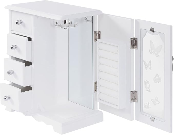 AngelcityCC White Jewelry Box Wooden Makeup and Accessories Organizer Ring Storage with 4 Drawers and Swing Door