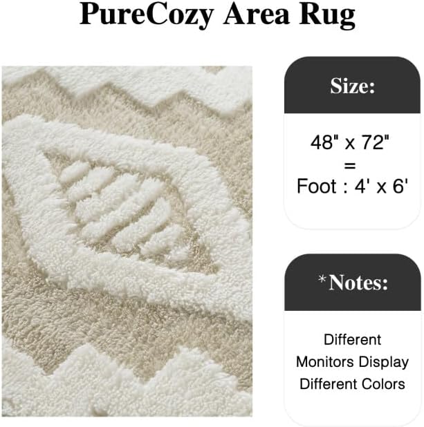 PureCozy Super Soft Shag Rug 4x6 for Living Room Modern Beige Washable Small Area Rugs High Pile Non-Shedding Throw Rugs Non Slip Indoor Office Carpet for Playroom Bedroom Home Aesthetic Decor