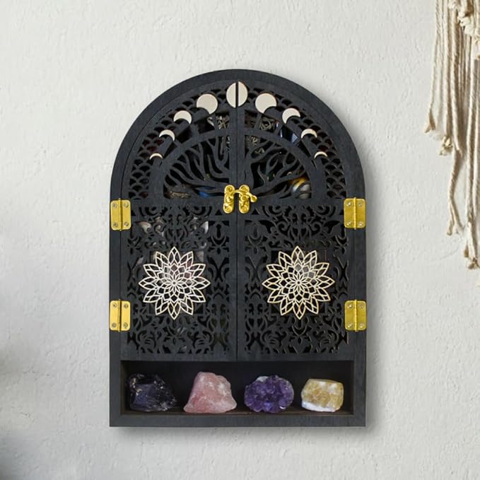 Small Tree of Life Crystal Display Shelf for Trinket and Knick Knack, Moon Shelves for Crystal Display, Crystal Holder Spiritual Decor Arch Wall Cabinet, Gothic Shelves Antique Case Wall Mounted