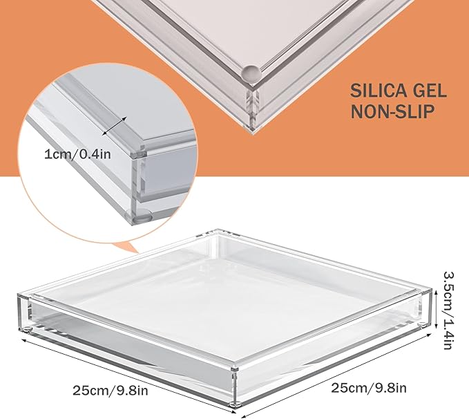 Clear Acrylic Tray - 10"x10" Multipurpose Square Decorative Tray for Perfume Display & Serving, Bathroom Sink Vanity Organizer Tray for Bathroom, Vanity, Coffee Table, Living Room Decor