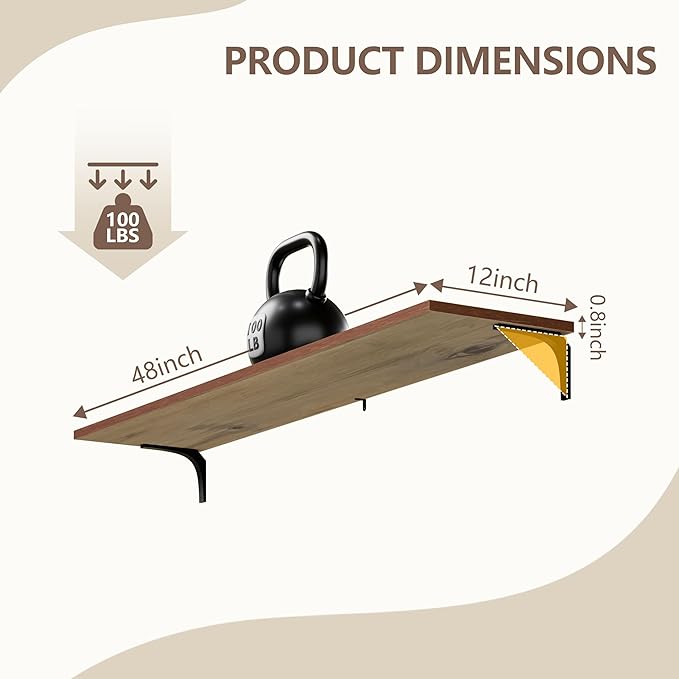 12 Inch Deep Floating Shelves Set of 4, 48 Inch Extra Wide Brown Solid Wood Wall Shelves, 4ft Heavy Duty Farmhouse Wall Mounted Shelving for Kitchen, Living Room & Bedroom