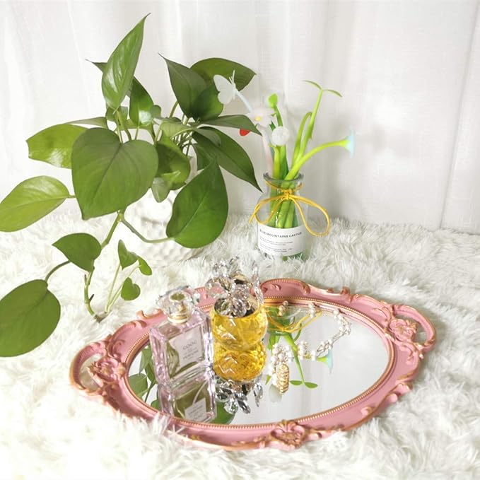 Oval Decorative Mirror Tray, French Style, Makeup Organizer, Jewelry Organizer, Serving Tray, 9.8"x 14.6", Golden Pink