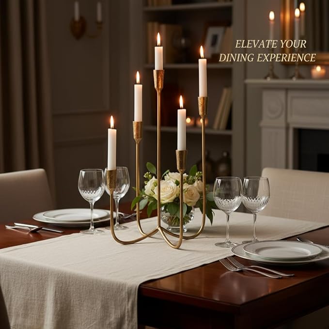 Candelabra for 5 Taper Candles – Hand-Forged Candle Holder with Elegant Vintage Finish – Decorative Centerpiece for Dining Room, Living Room or Mantel Decor（Brass Color-Straight）