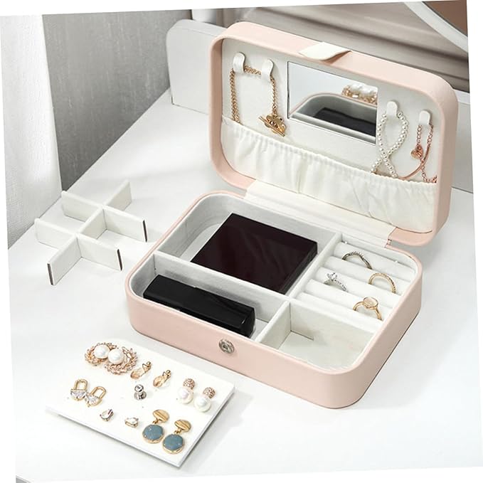 Healeved Portable Jewelry Box with Mirror, Pu Pink Necklace and Earring Holder, Rings Organizer and Cosmetics Storage Case for Women Travel and Daily Use