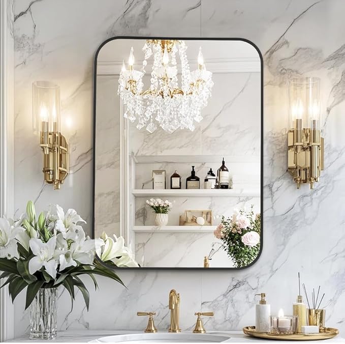 MZON 20x30 Inch Matte Black Bathroom Mirror, Rectangle Wall Mirror for Bathroom or Entryway, Anti-Rust Frame & Tempered Glass, Hangs Horizontally/Vertically - Space-Saving Minimalist Decor