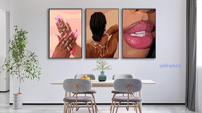 Black Girl Pink Wall Art Set of 3 African American Black Women Canvas Posters Fashion Black Girl Wall Decor Pictures Prints for Home Living Room Bedroom Bathroom Decoration 12x16 Inch Unframed