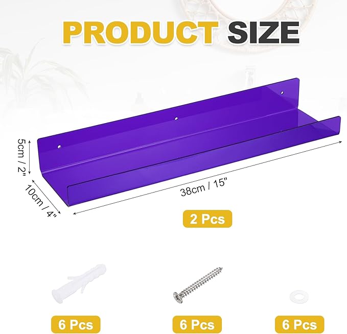 MECCANIXITY 2 Pack Acrylic Shelves for Wall, 15 Inch Purple Floating Shelves Wall Mount Display Shelf Organizer for Bathroom, Bedroom, Living Room, Room Decor