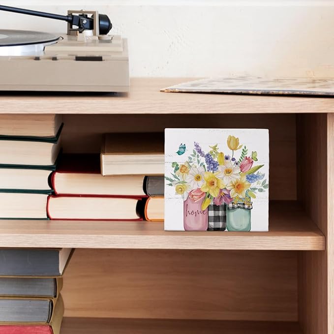 Spring Summer Floral Decor, Home Wooden Sign, Colorful Tulip Flower Decor Wooden Box Sign Decoration for Farmhouse Shelf Table Decoration,Vase with Flowers Prints Sign 5x5