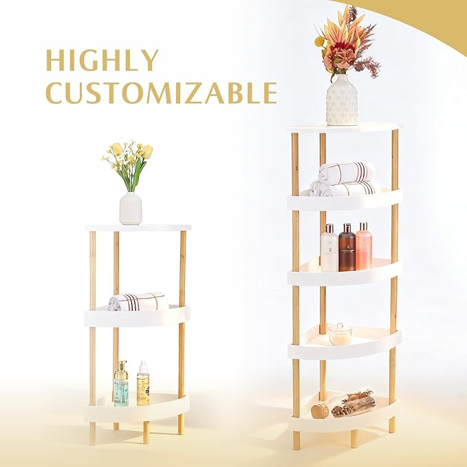 Bamboo 5-Tier Corner Shelf Stand with 5-Layer Lacquer & 4 Sturdy Legs, Space-Saving Durable Corner Rack Organizer for Bathroom, Kitchen, Bedroom, Living Room, Easy Clean Display Shelf Organizer
